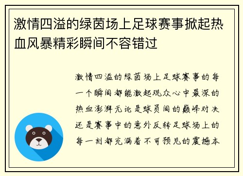 激情四溢的绿茵场上足球赛事掀起热血风暴精彩瞬间不容错过