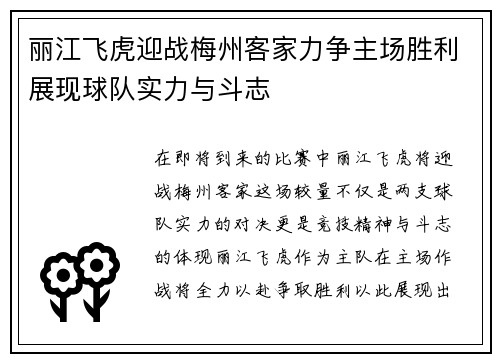 丽江飞虎迎战梅州客家力争主场胜利展现球队实力与斗志